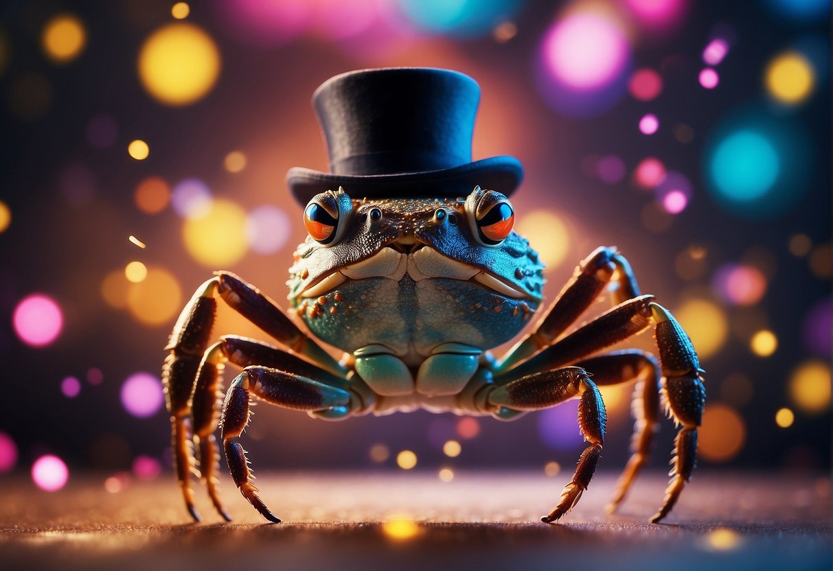 A crab wearing a top hat and holding a cane, dancing on a vibrant stage with neon lights and confetti falling around
