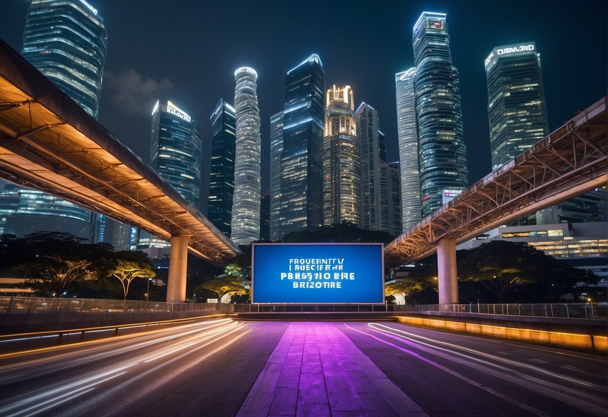 A vibrant cityscape with skyscrapers and digital billboards showcasing "Frequently Asked Questions" about fibre broadband promotions in Singapore