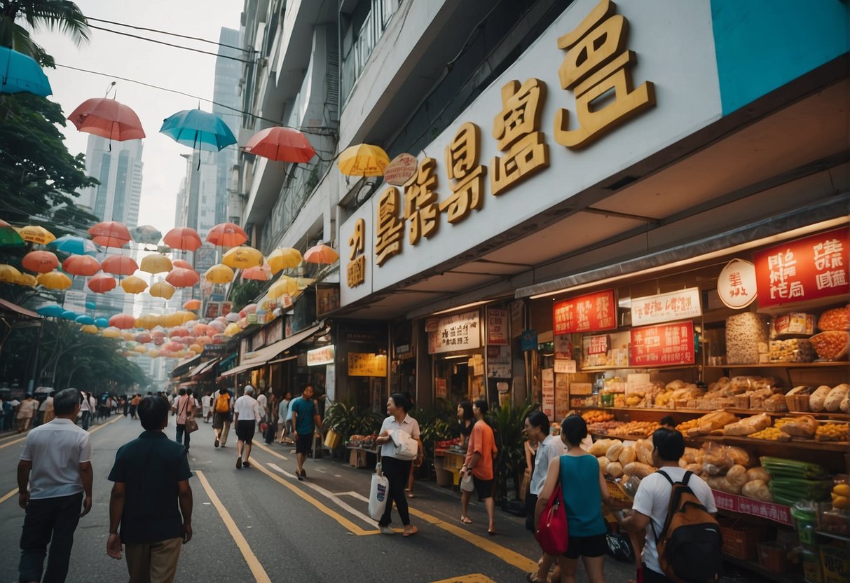 A bustling street in Singapore with colorful banners and signs for "Yole Promotions" displayed outside a vibrant storefront