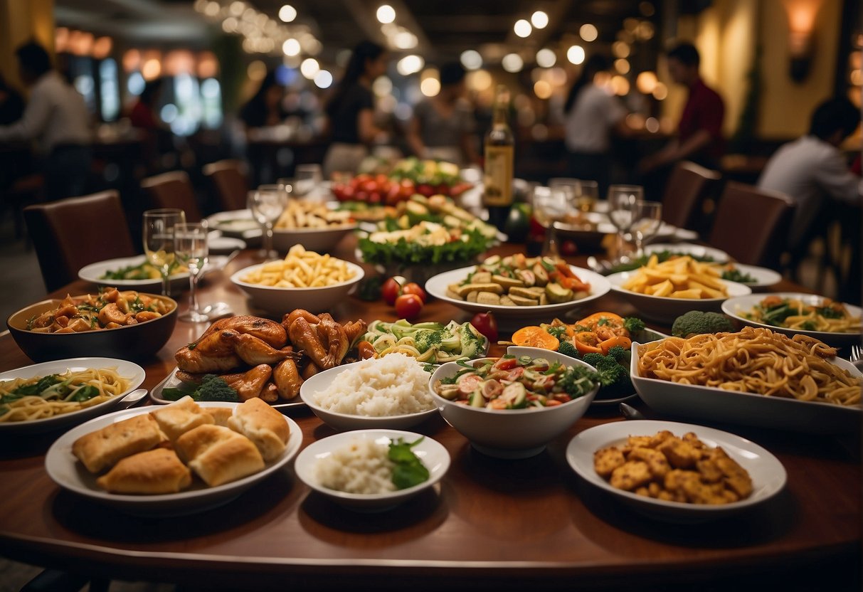 A festive table filled with traditional Christmas dishes and decorations, surrounded by happy customers enjoying special promotions in a bustling Singapore restaurant
