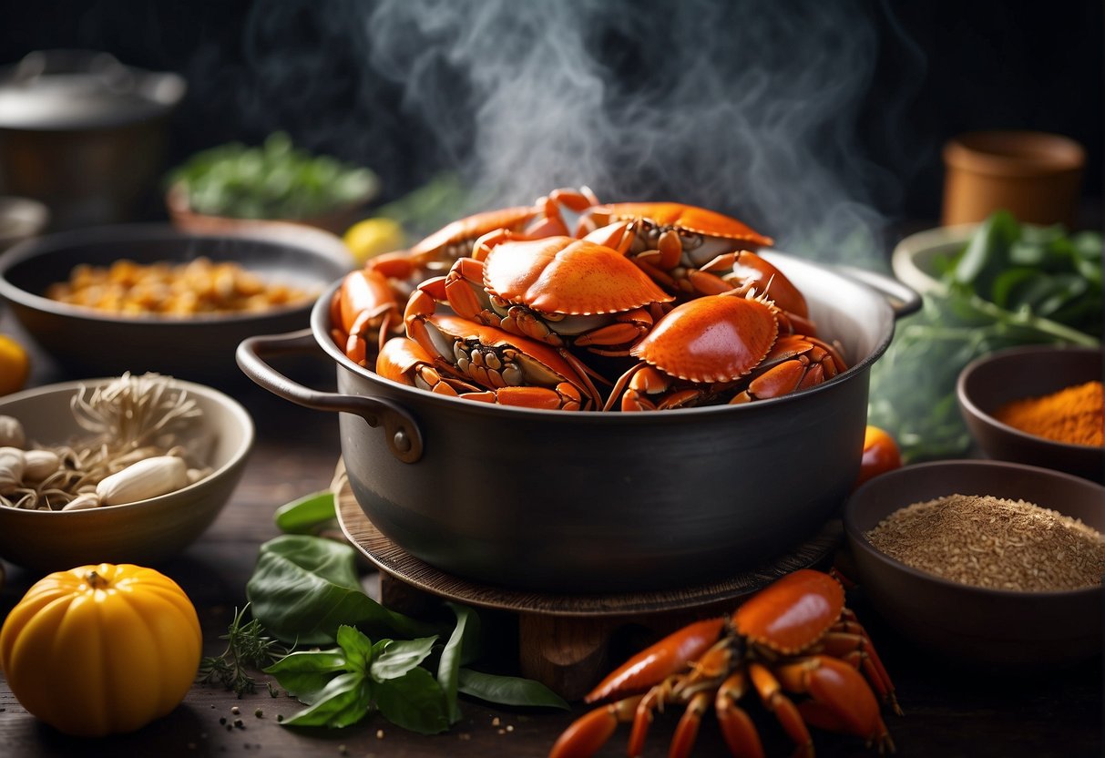 Colorful crabs dance around a steaming pot, surrounded by vibrant spices and ingredients, as the aroma of Singaporean culinary delights fills the air