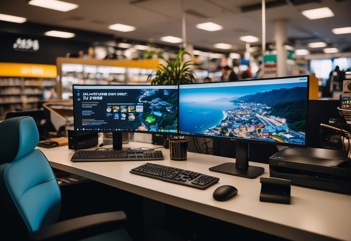 A clutter-free desk with a sleek all-in-one desktop, surrounded by budget-friendly promotions signage in a Singapore electronics store