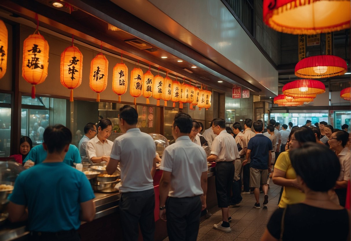 A bustling dim sum restaurant in Singapore, with colorful banners promoting imperial dim sum specials. Customers eagerly line up outside the entrance