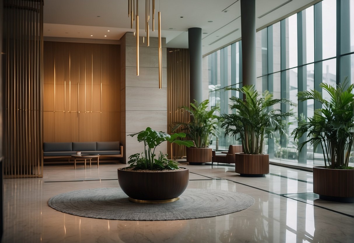 A serene hotel lobby in Singapore, with a zen-inspired promotional display featuring tranquil colors, natural elements, and minimalist design