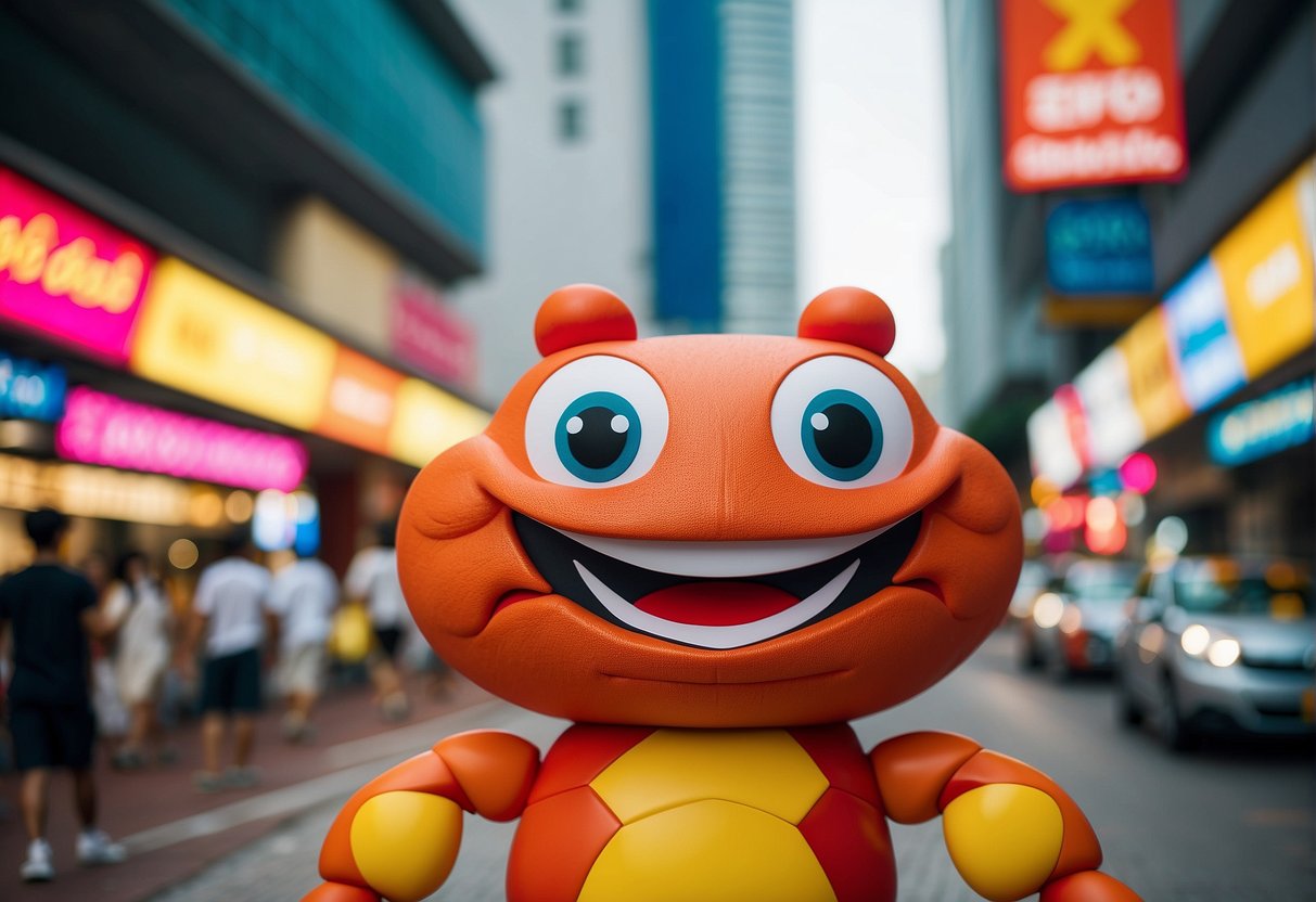 A cheerful crab mascot dances amidst colorful promotional signs in Singapore