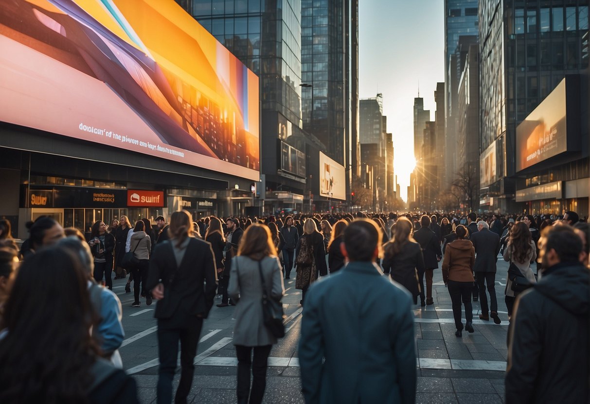 A bustling city street with colorful billboards and a crowd of people passing by. The sun is shining, and the atmosphere is lively