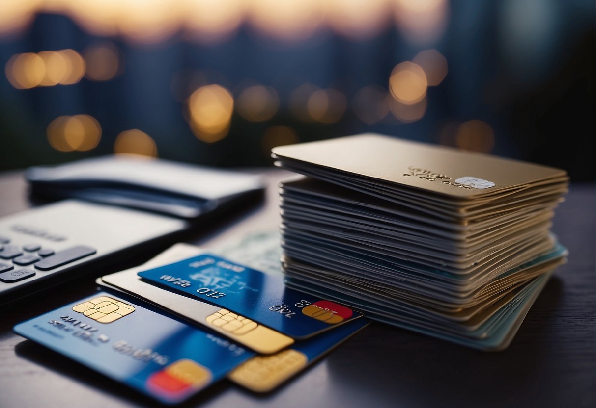A stack of credit cards with "Frequently Asked Questions" text, surrounded by promotional materials, against a Singaporean backdrop