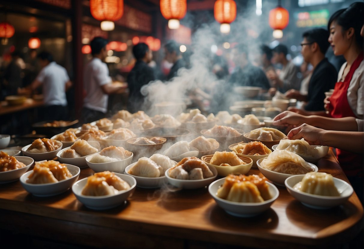 A table filled with a variety of steaming dim sum dishes, surrounded by eager diners in a bustling restaurant. Brightly colored promotional banners adorn the walls, highlighting the latest deals for dim sum lovers