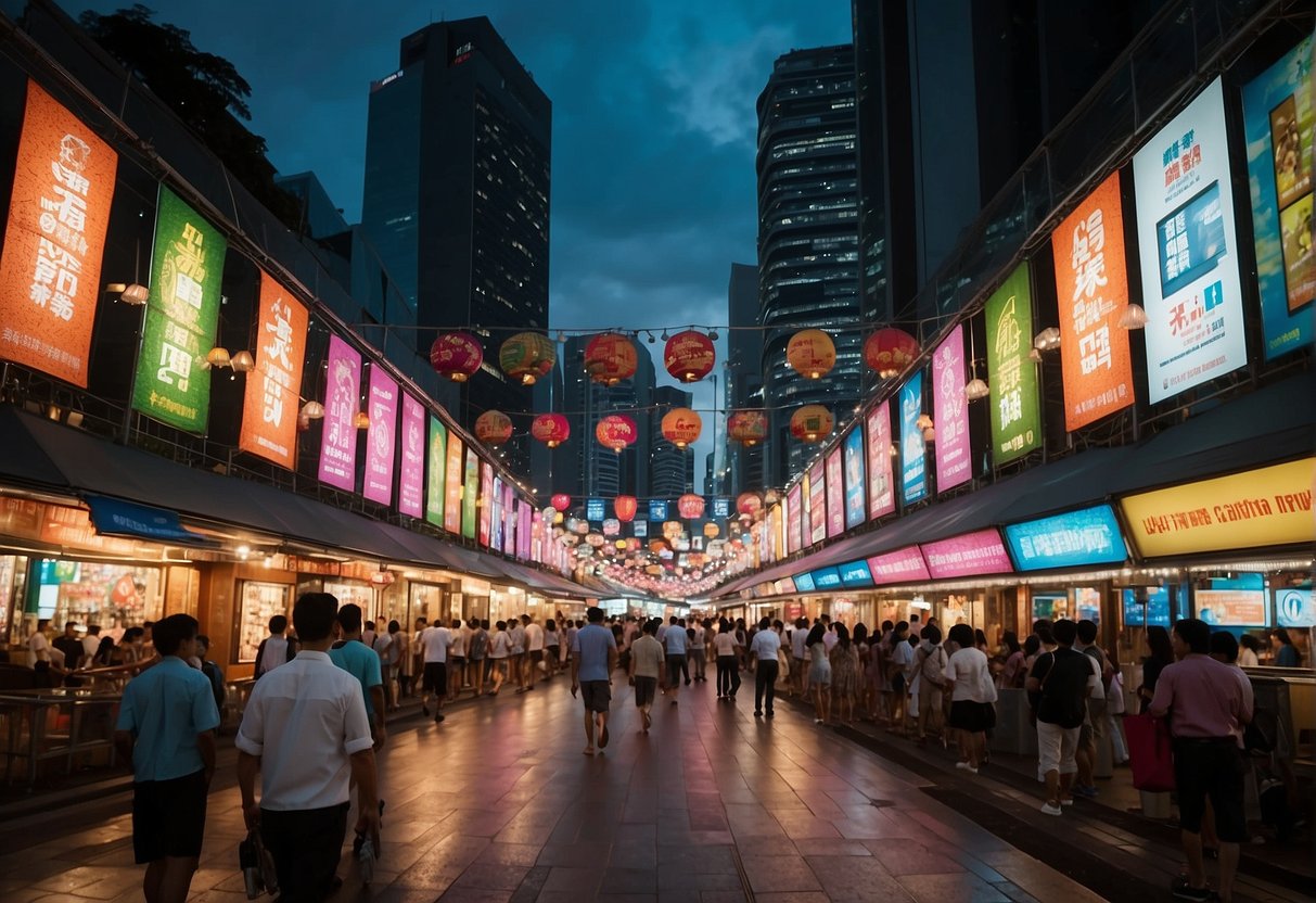 A bustling street lined with colorful banners and signs advertising promotions in Singapore. Bright lights illuminate the various venues, drawing in crowds of people