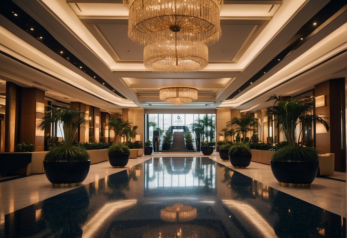 A luxurious hotel lobby with a grand entrance sign displaying "Best Hotel Promotions in Singapore" surrounded by elegant decor and inviting lighting