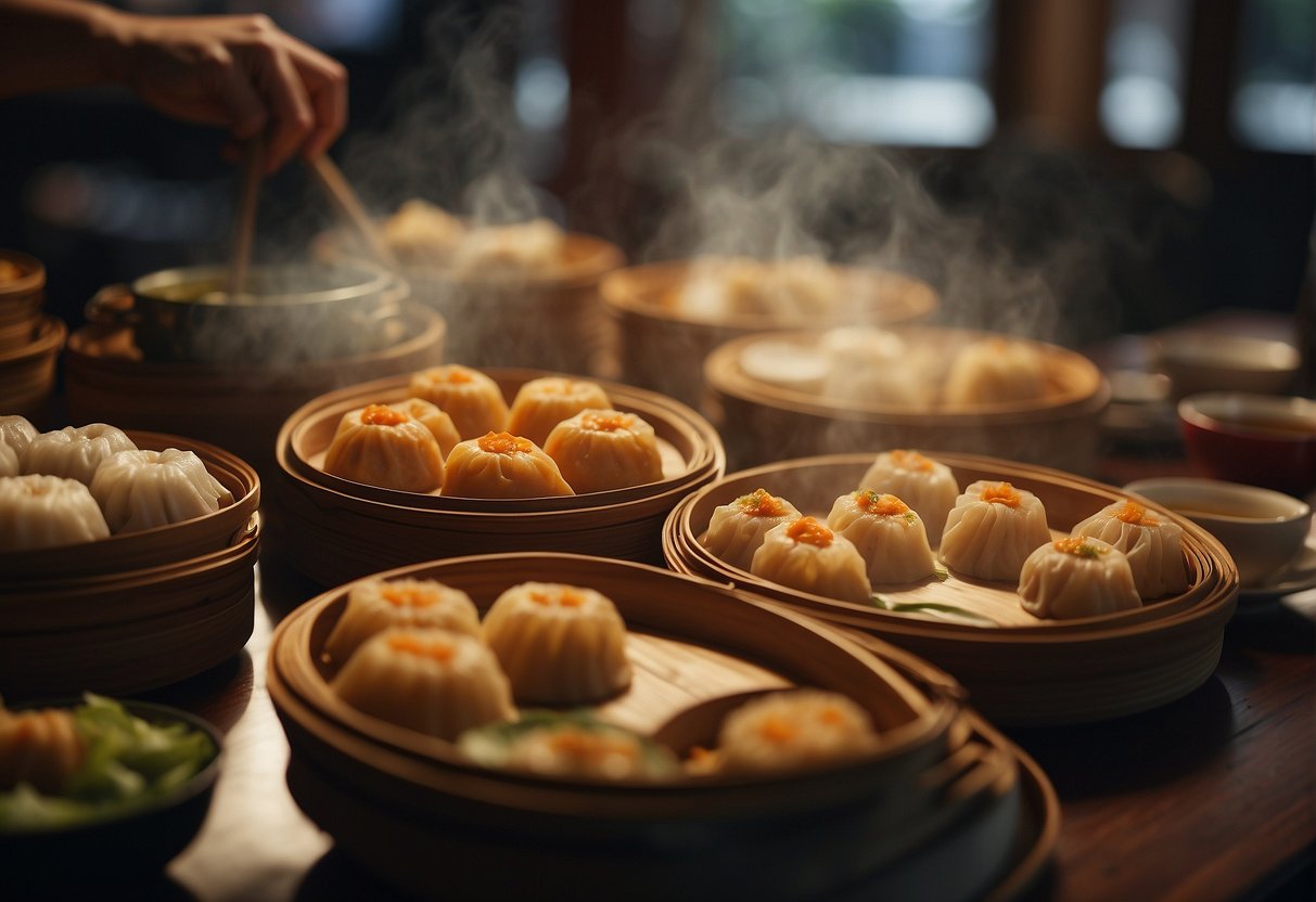 A bustling dim sum restaurant with steaming bamboo baskets, colorful plates, and fragrant tea sets on each table. The atmosphere is lively and filled with the delicious aroma of freshly cooked dim sum