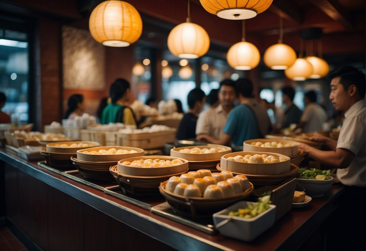 A bustling dim sum restaurant with a vibrant promotional display and a queue of eager customers