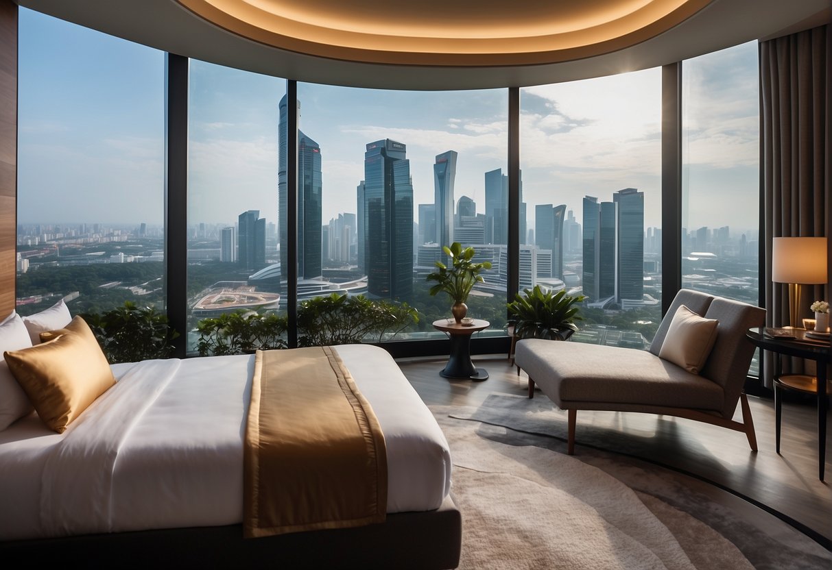 Zen Hotels promotions in Singapore: A luxurious hotel room with a panoramic view of the city skyline, a spa with serene ambiance, and a gourmet restaurant with elegant decor