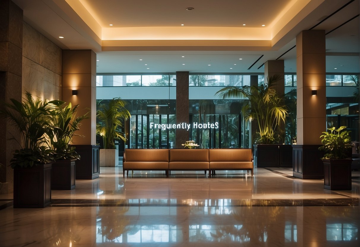 A serene hotel lobby with a sign displaying "Frequently Asked Questions" about Zen Hotels promotions in Singapore