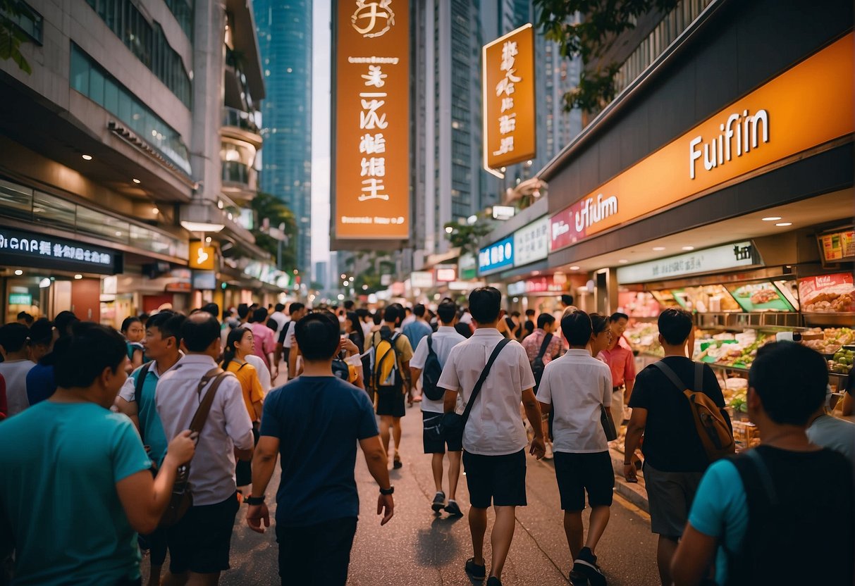 A bustling street in Singapore with a prominent Fujifilm sign, surrounded by vibrant colors and busy pedestrians