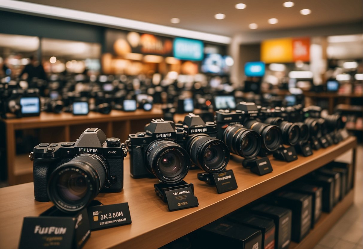 A colorful display of Fujifilm cameras and lenses with promotional signs in a bustling Singapore electronics store