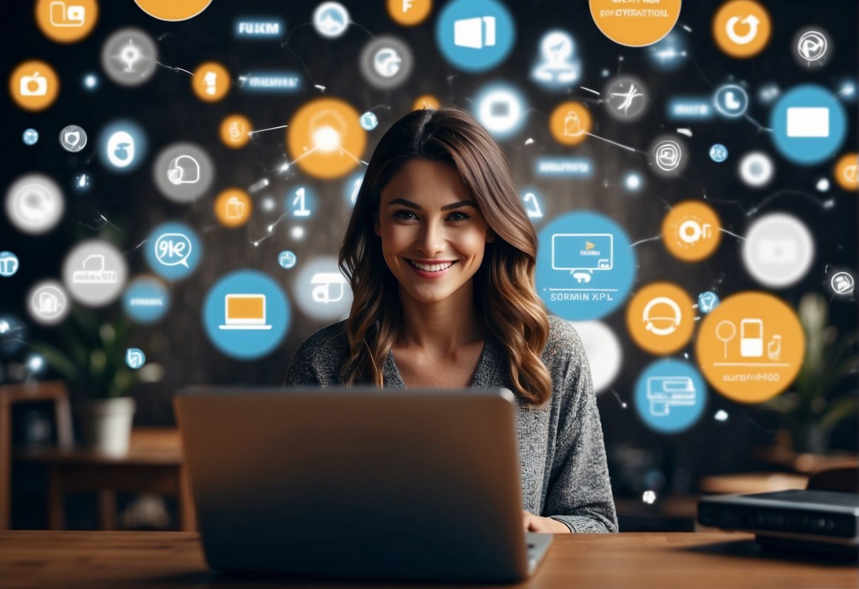 A person browsing a laptop with a smiling face, surrounded by virtual icons of Fujifilm products and promotional offers