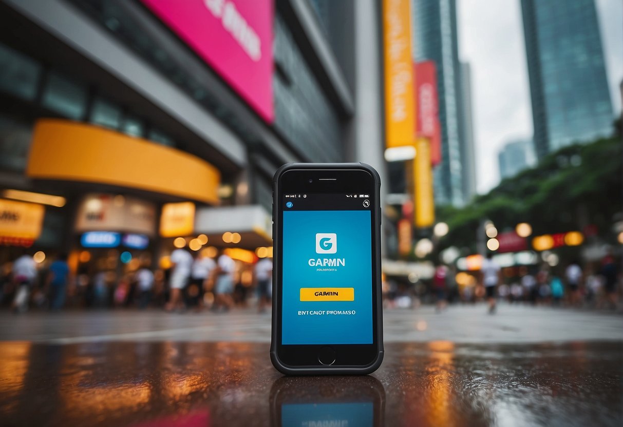 A bustling city street with colorful signs and banners advertising Garmin promotions in Singapore