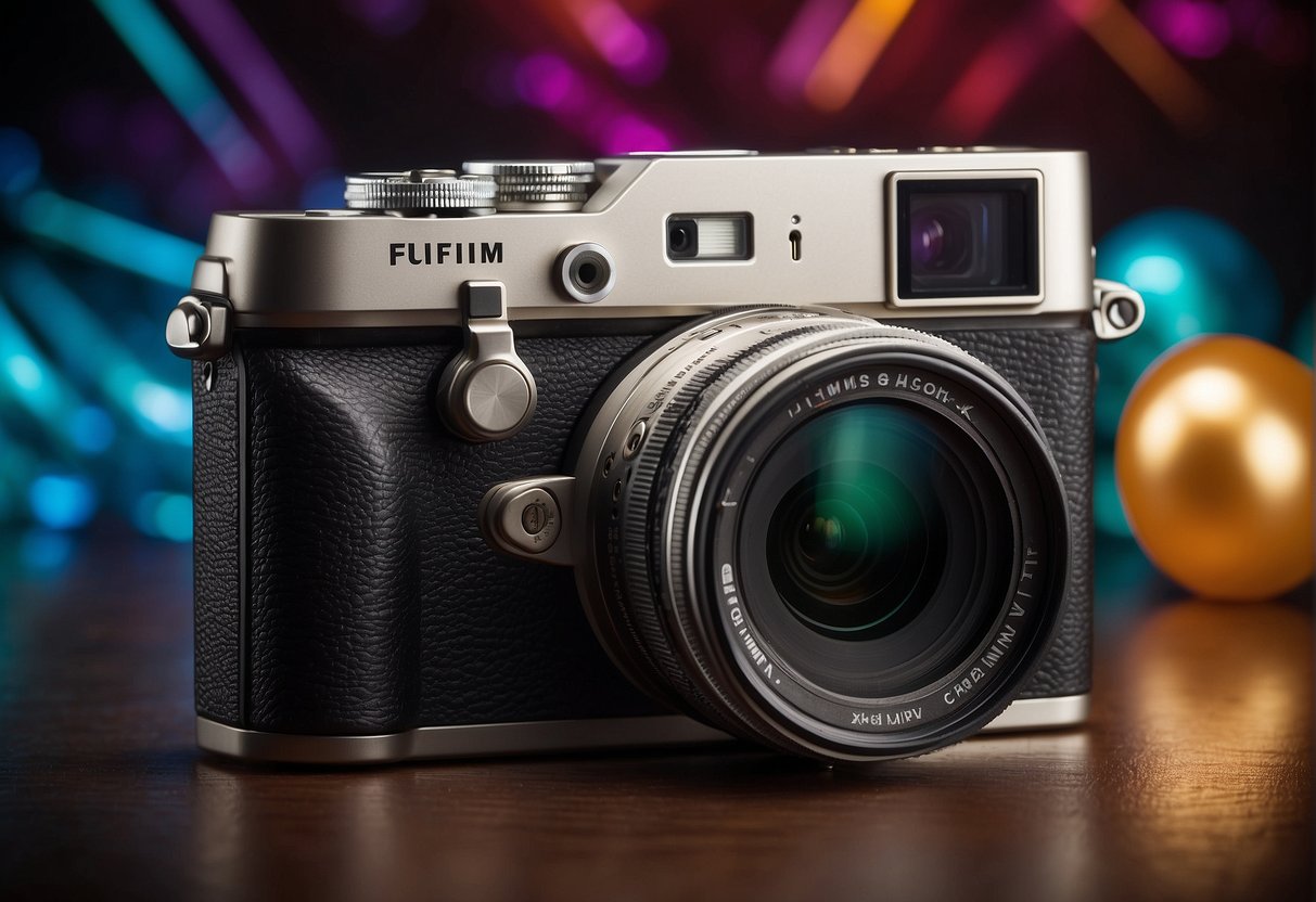 A camera surrounded by promotional materials, with the Fujifilm logo prominently displayed. Bright colors and attractive packaging catch the eye