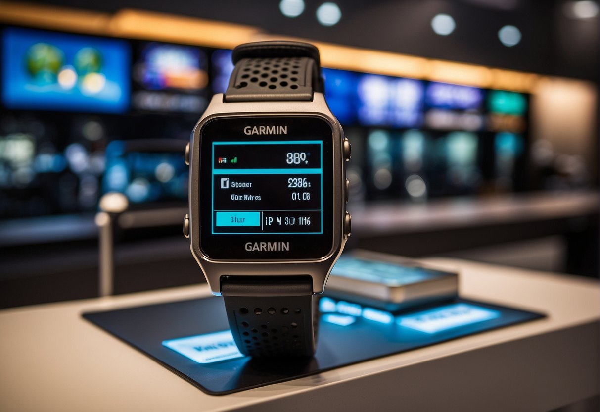 A sleek, modern display showcasing exclusive Garmin promotions in Singapore. Bright lighting highlights the latest products and enticing offers