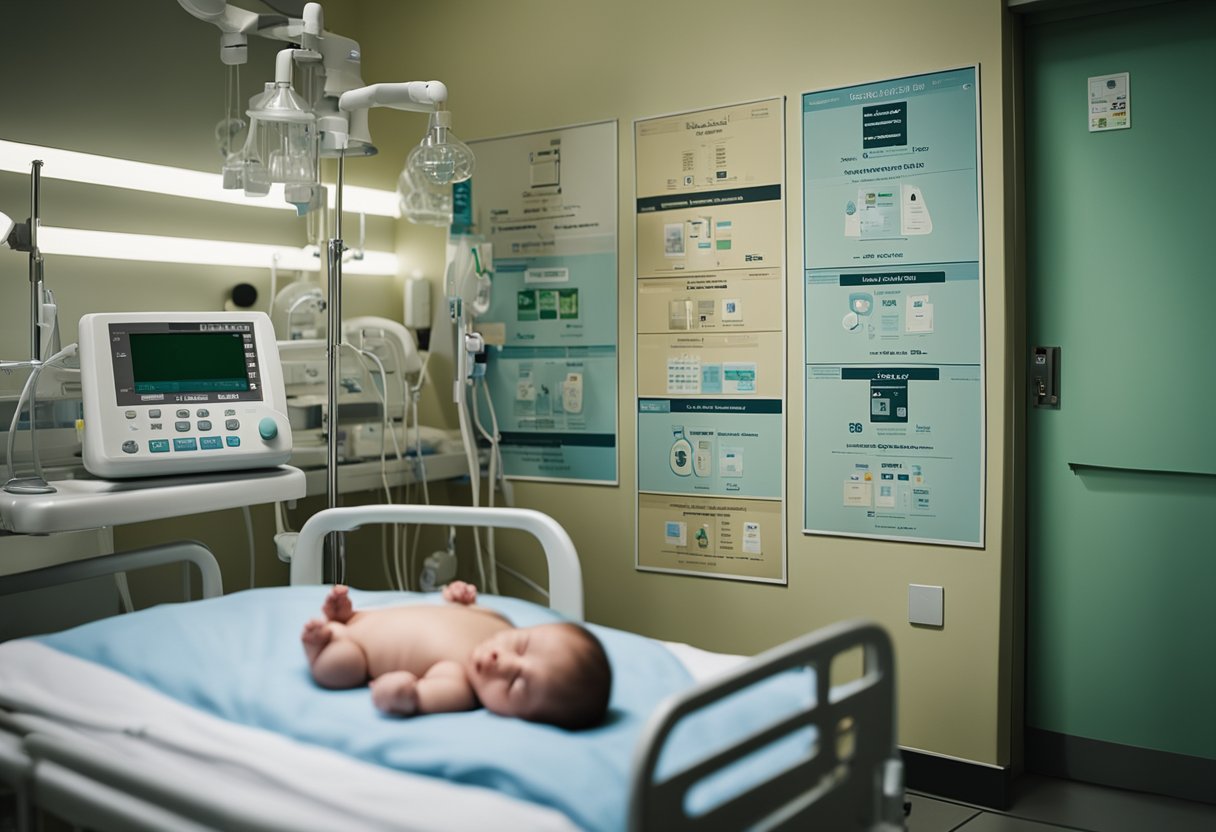 A newborn baby lies in a hospital crib, surrounded by medical equipment and concerned healthcare workers. A chart on the wall shows the rising cases of congenital syphilis