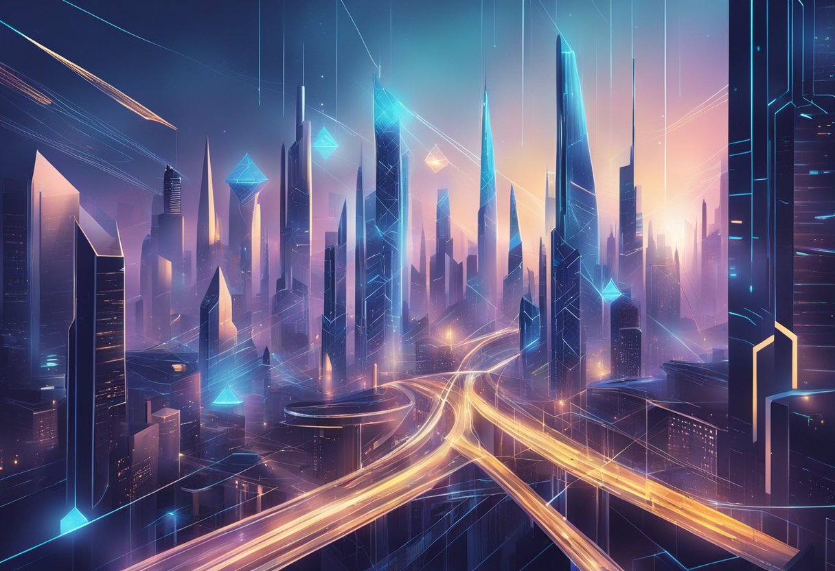 A futuristic cityscape with geometric shapes and glowing lines, showcasing the integration of artificial intelligence and AlphaGeometry technology