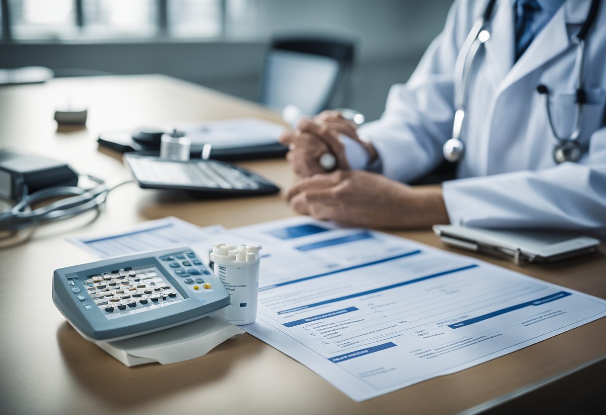 A doctor examines a chart of treatment options for congenital syphilis. Medications and monitoring equipment are displayed on a nearby table