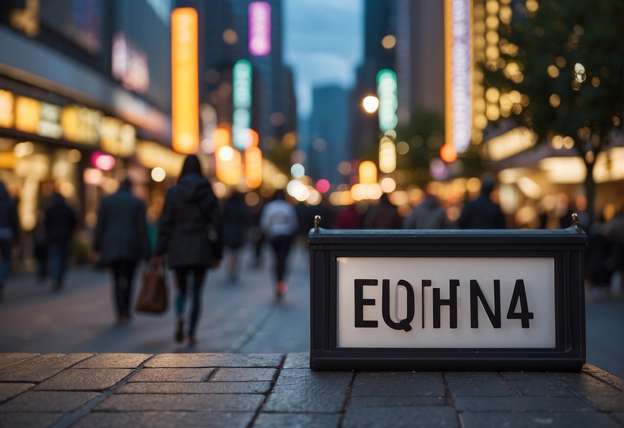 A vibrant cityscape with a prominent "Frequently Asked Questions" sign in the foreground, surrounded by bustling streets and people