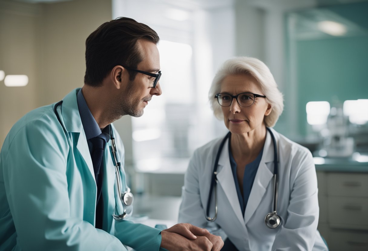 A doctor explaining congenital syphilis to a worried mother in a clinic setting