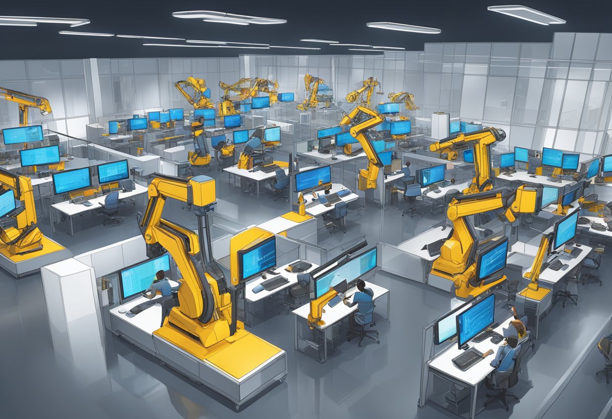 The AlphaGeometry lab buzzes with activity as advanced machinery hums and robotic arms assemble intricate geometric structures. Bright screens display complex equations and data, while engineers work diligently to push the boundaries of technological innovation