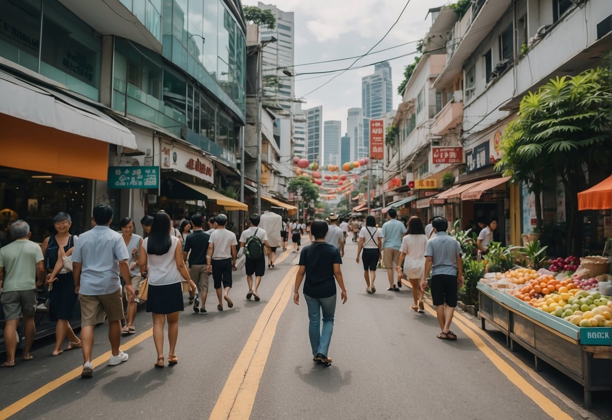 A bustling city street in Singapore, with colorful storefronts and vibrant signage for GOMO promotions. Pedestrians and vehicles fill the busy thoroughfare