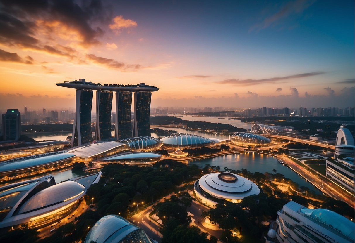 A vibrant city skyline with colorful promotional banners flying high above the bustling streets of Singapore