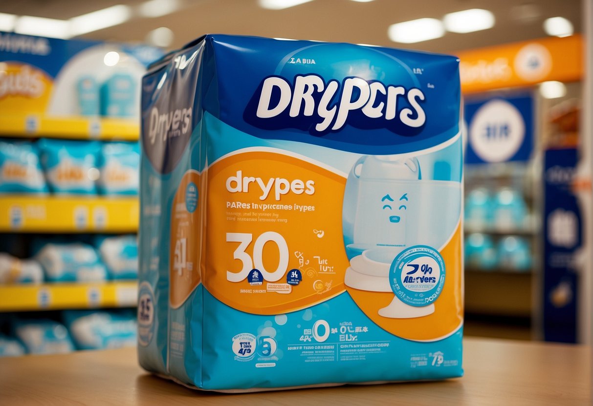 A display of Drypers diaper packages with promotional signage in a Singaporean store