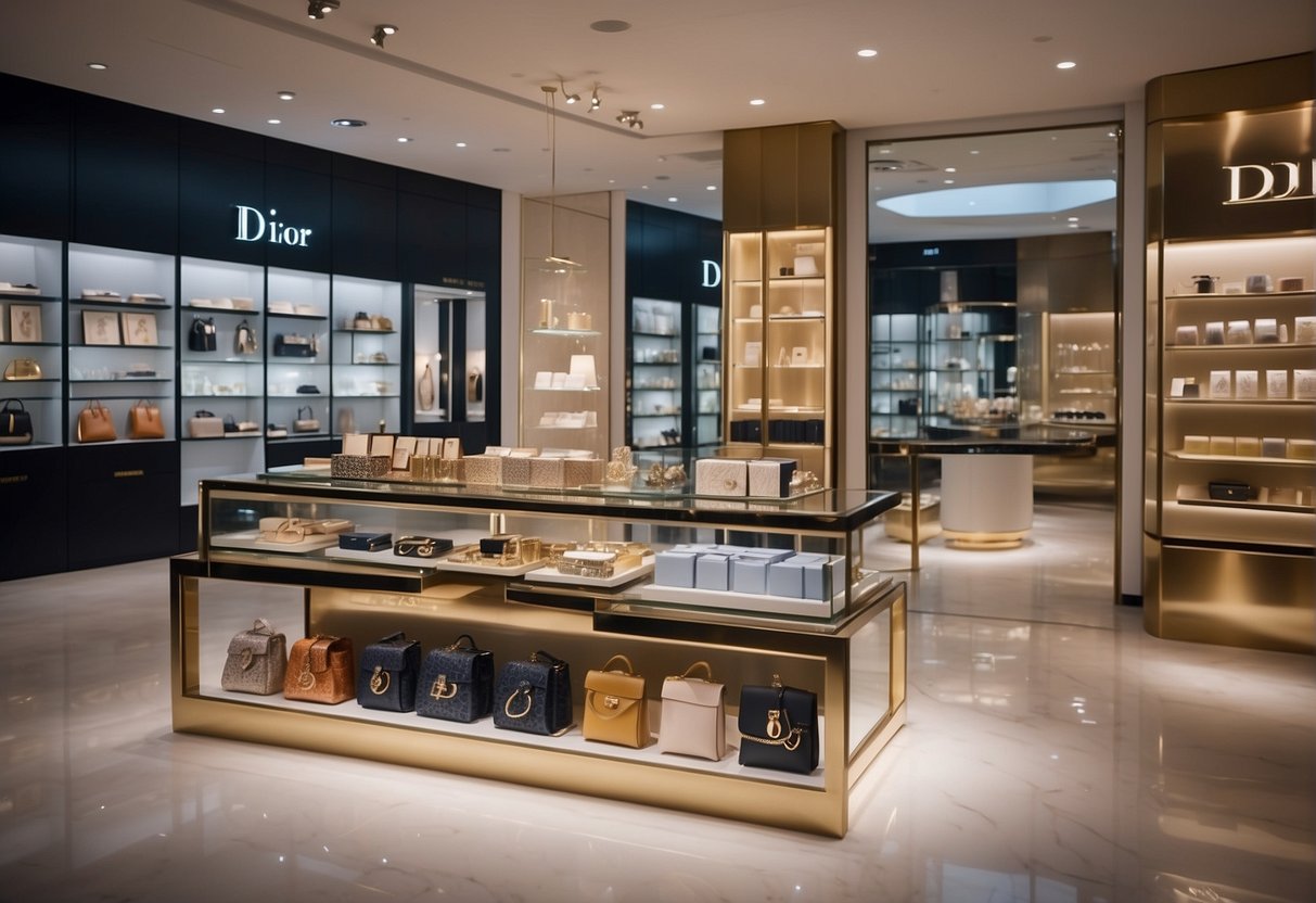 A vibrant display of Dior products at a luxury store in Singapore, featuring elegant packaging and eye-catching promotional materials