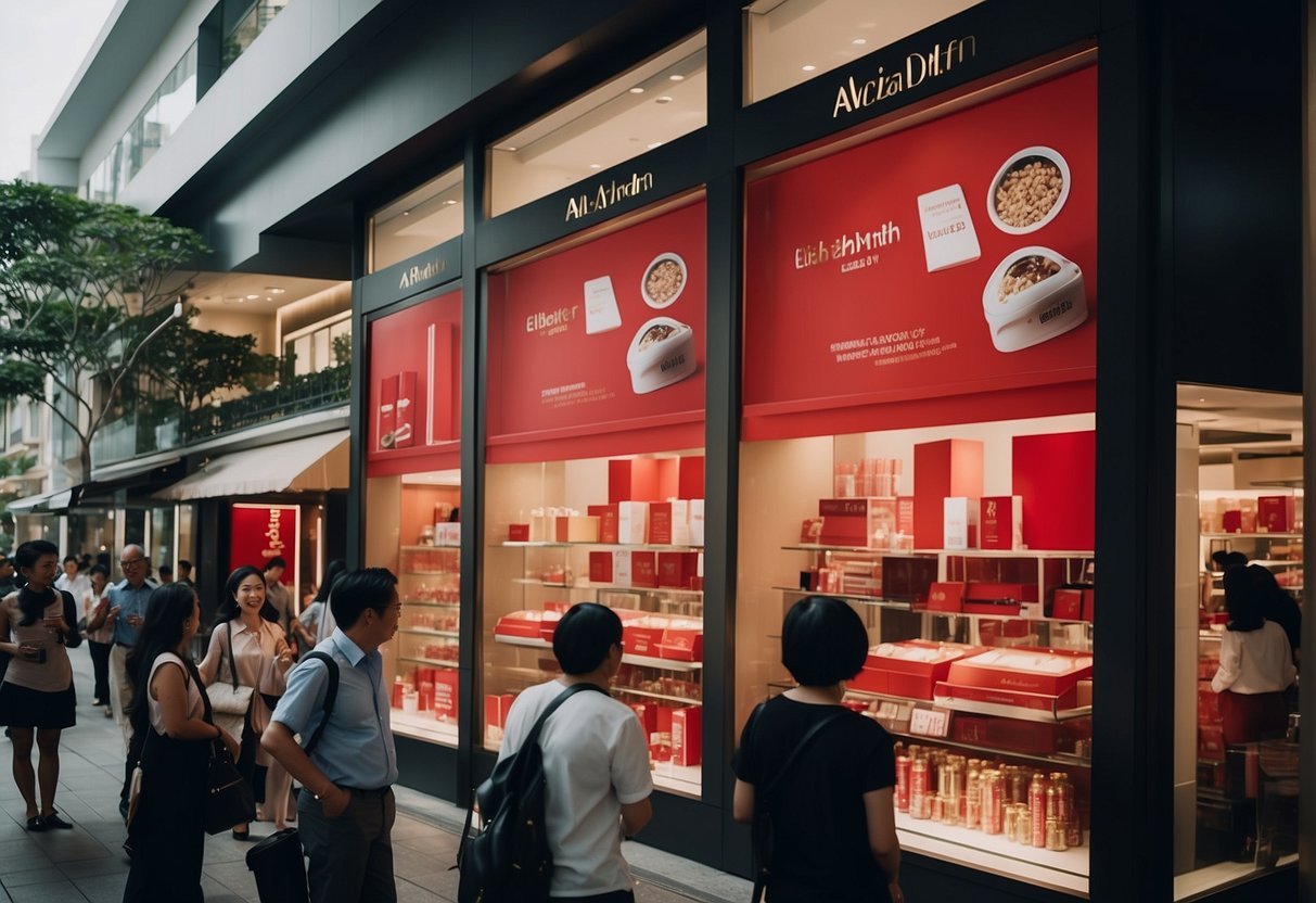 A bustling Singapore street with vibrant Elizabeth Arden promotional displays and enthusiastic shoppers