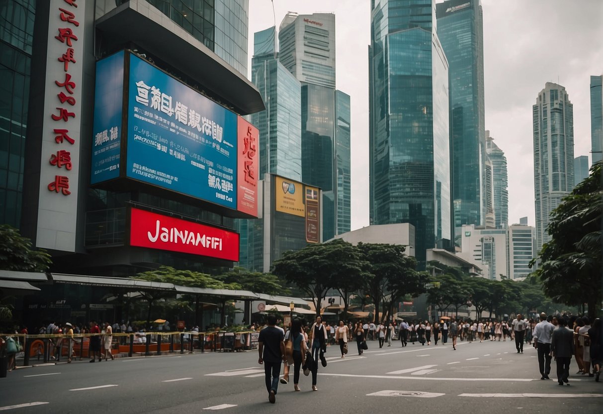 A bustling city street with skyscrapers and people walking by, featuring a prominent sign for "Javamifi Promotions Singapore."