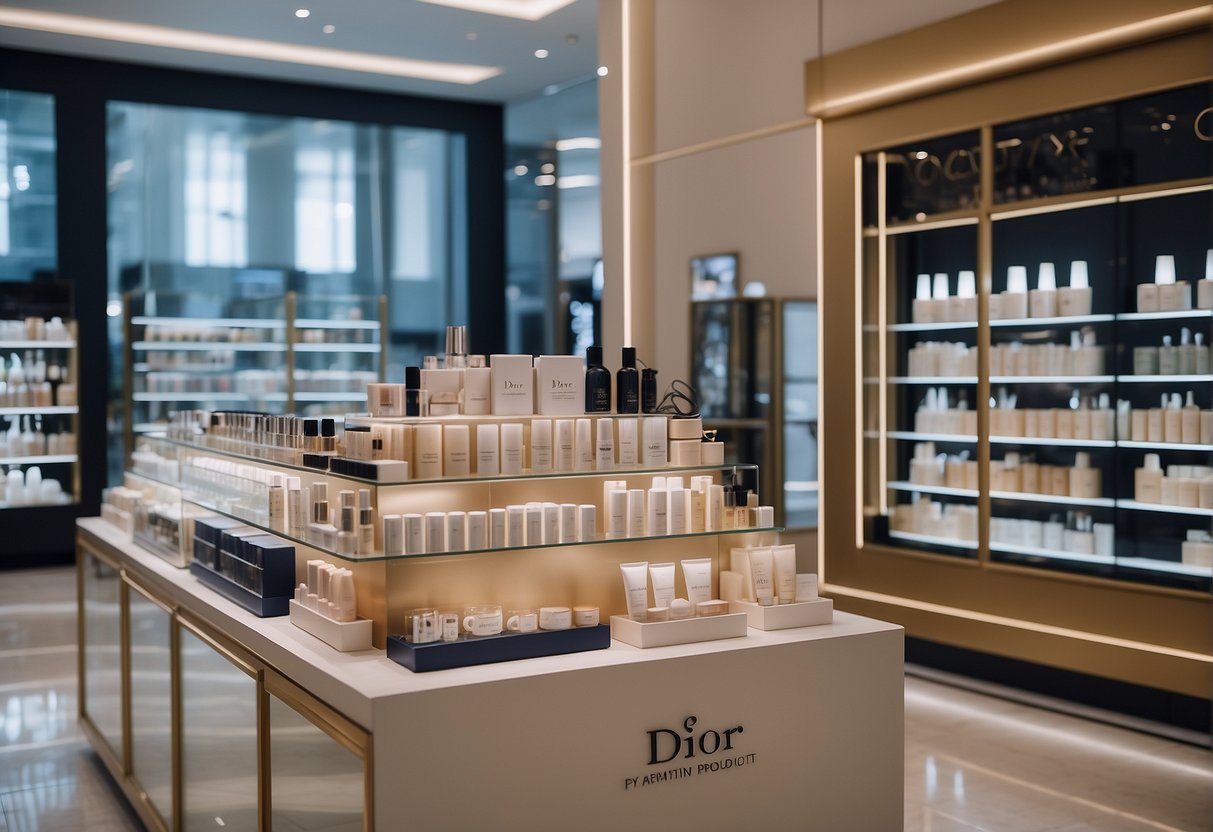 A display of Dior skincare products with promotional signage in a Singaporean retail setting