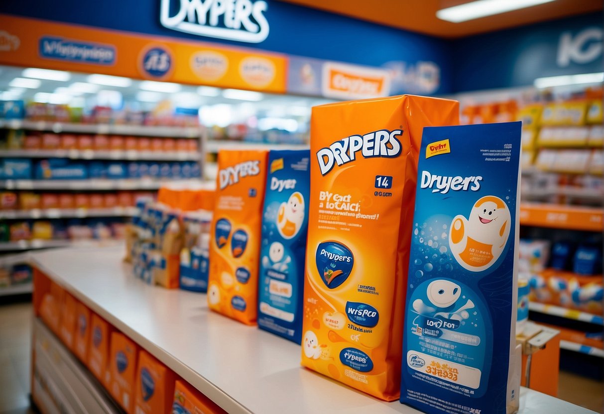 A colorful display of Drypers products with promotional signage in a Singaporean store