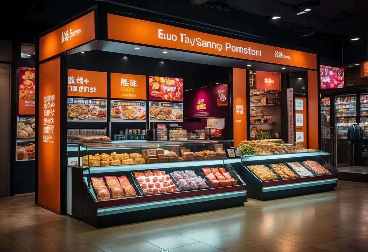 A vibrant display of Eu Yan Sang's latest promotions in Singapore. Bright banners and enticing product displays draw in customers