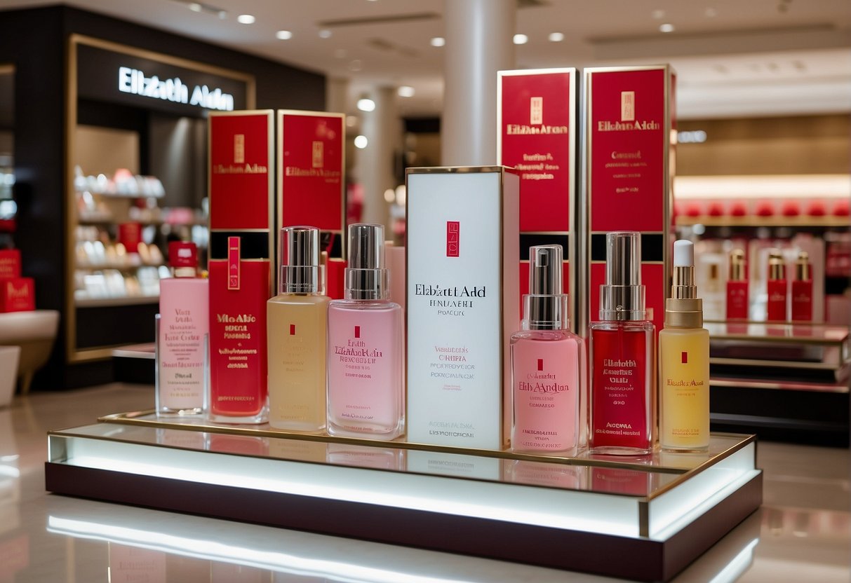 A vibrant display of Elizabeth Arden products with promotional signage in a sleek and modern Singaporean retail setting