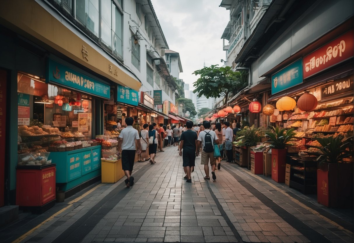 A bustling street in Singapore with vibrant storefronts displaying "Face Shop" promotions. Brightly colored signs and enticing product displays draw in passersby