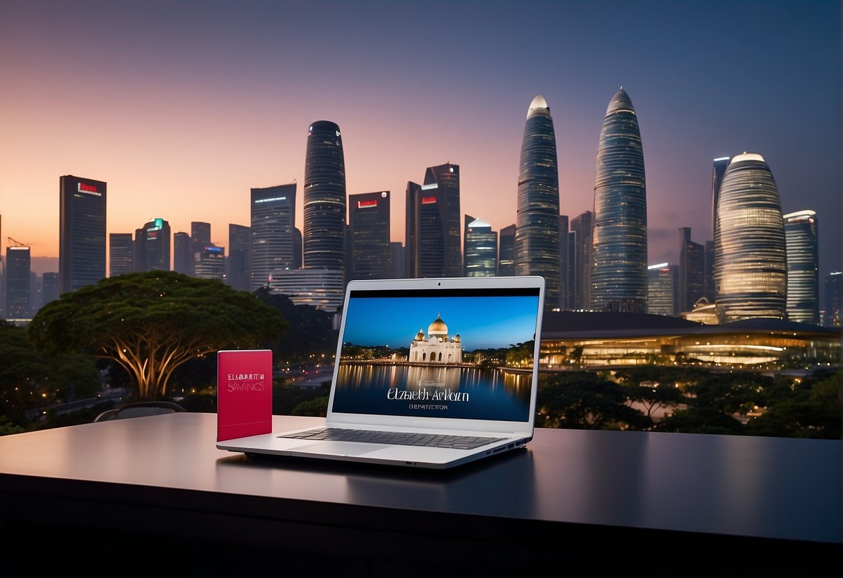 A laptop displaying Elizabeth Arden promotions with a "Exclusive Online Savings" banner, set against a backdrop of iconic Singapore landmarks