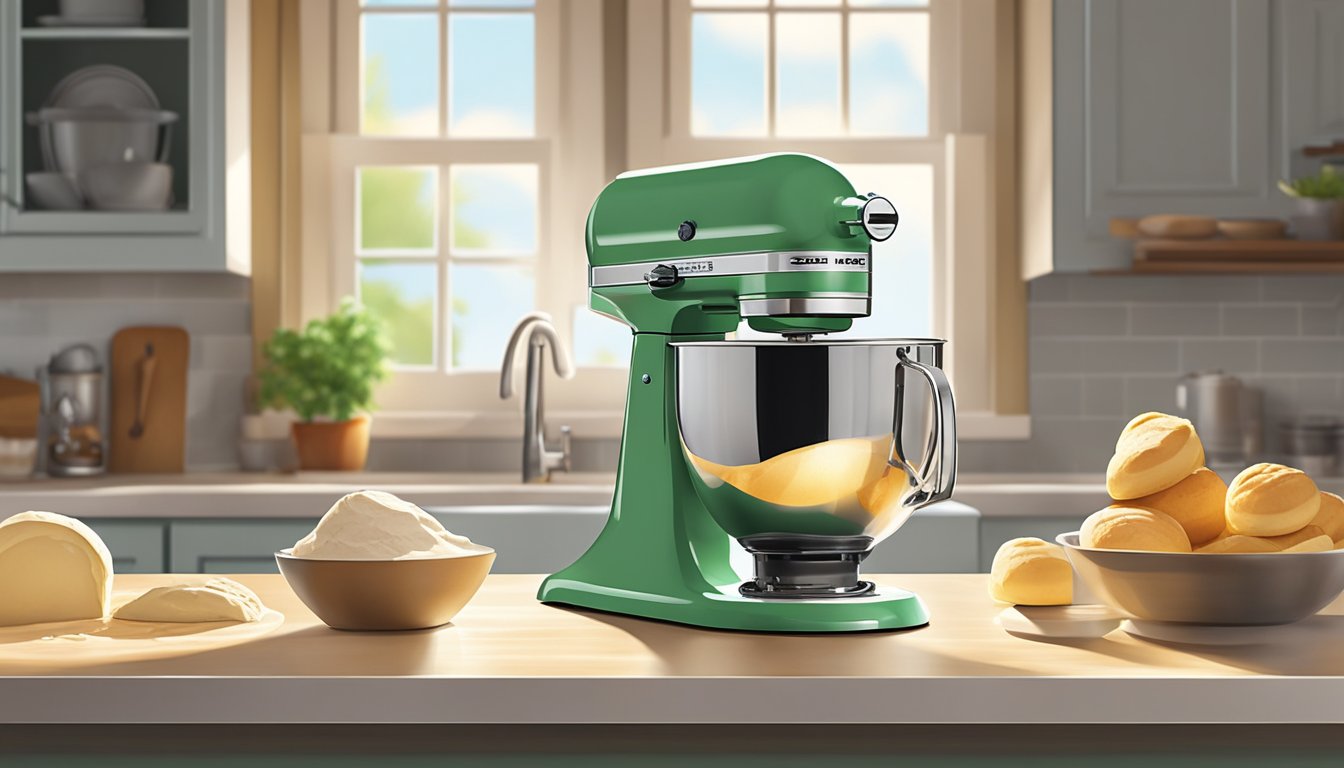 A stand mixer whirs as it kneads dough in a sunlit kitchen