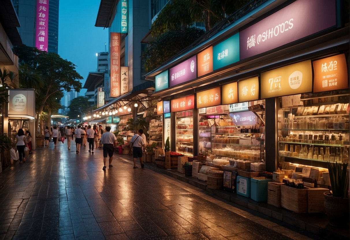 A busy Singapore street with colorful promotional banners and signs for various fillers and beauty treatments