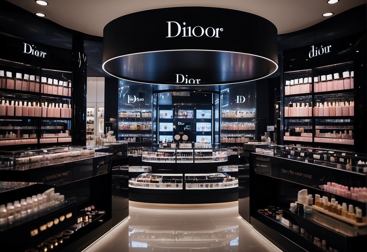 A display of Dior makeup products with "Exciting Makeup Deals" signage in a bustling Singapore store
