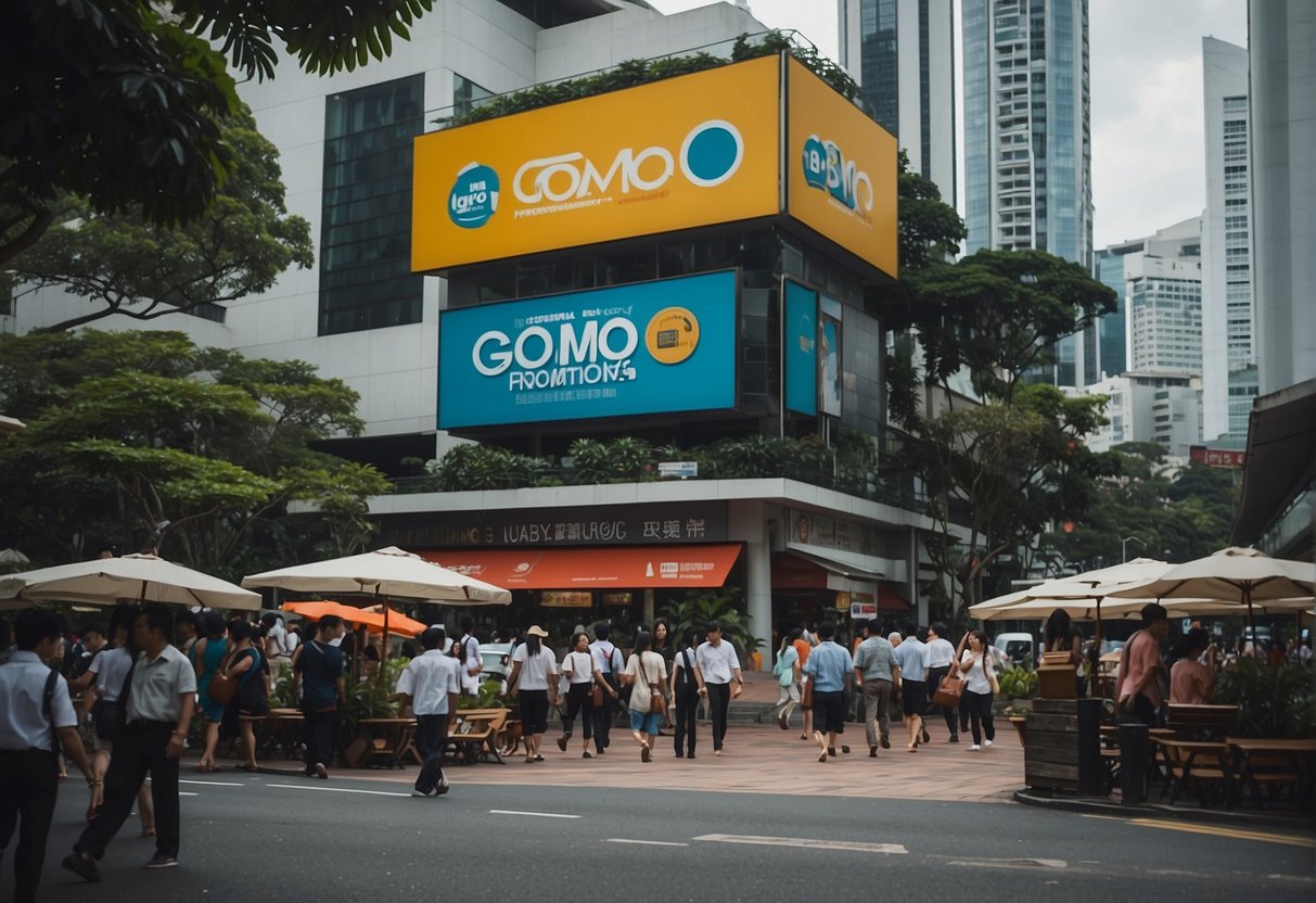 A bustling Singapore street with a large sign for "gomo promotions." People walk by, some stopping to look at the sign