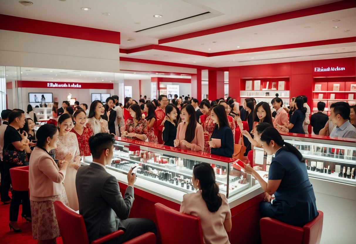 A crowded promotional event at Elizabeth Arden in Singapore, with customers browsing products and staff answering questions