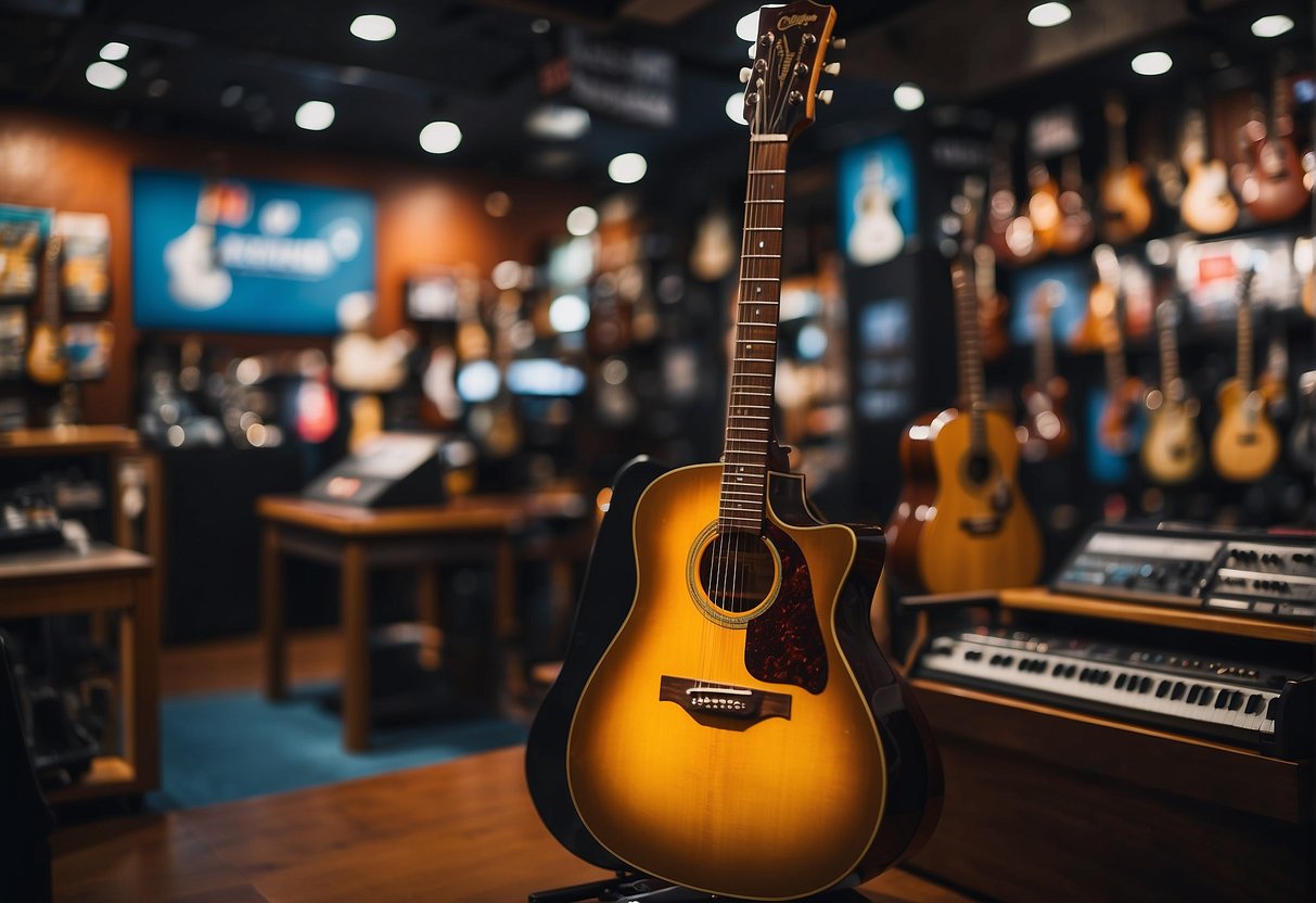 A guitar displayed on a vibrant stage with a spotlight, surrounded by promotional banners and posters in a bustling Singapore music store