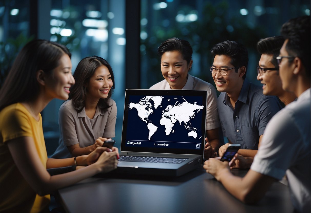 A group of people from different countries are gathered around a javamifi device, promoting connectivity and communication across international borders in Singapore