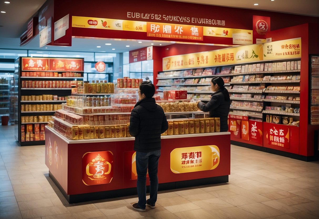 Customers browsing shelves of Eu Yan Sang products with promotional signs and banners displayed throughout the store